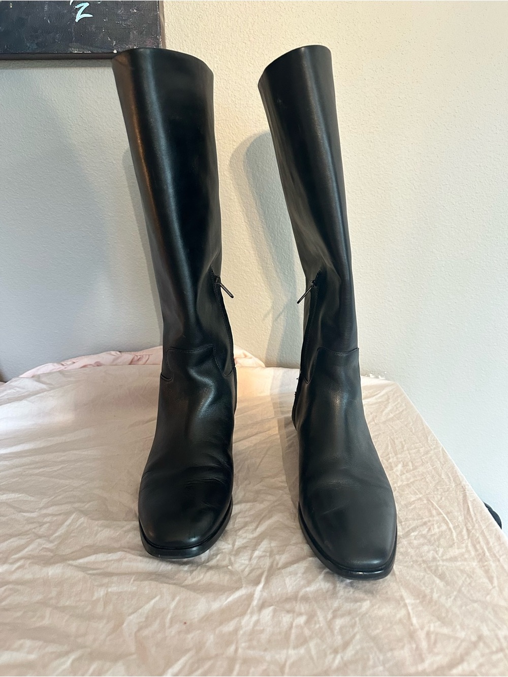 Vince wide calf black pull on knee boots with half zip, US 8